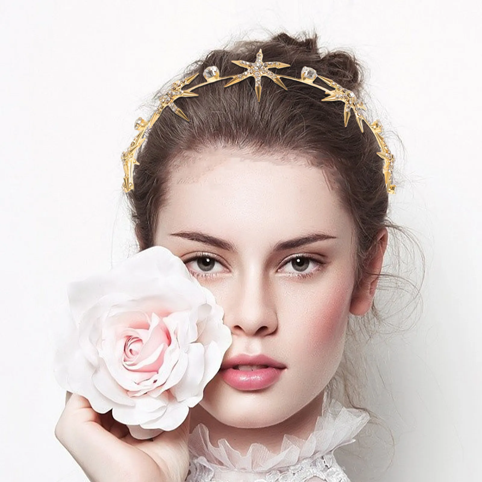 Gold Star Hairband Bridal Rhinestone Headpiece Elegant Wedding Hair Clip Five-Pointed Star Bride Hair Jewelry Party Formal