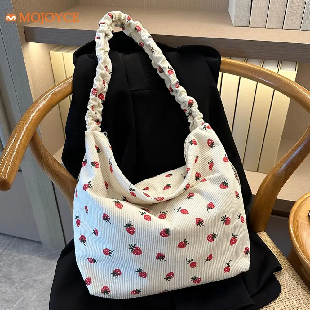 Ladies Corduroy Fashion Crossbody Bags Strawberry Printed Travel Shoulder Bag with Ruched Strap Large Capacity Satchel for Women