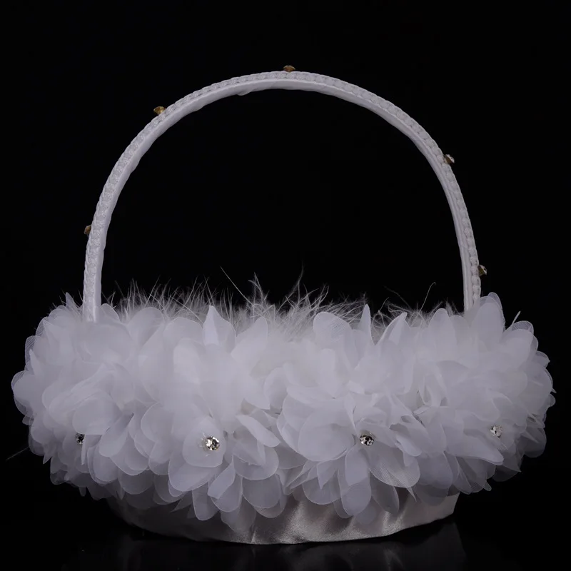 Ostrich Feather Bags Chiffon Petal Basket Wedding Party Rhinestone Flower Girl Basket Fairy Candy Box White Tote Sugar Box