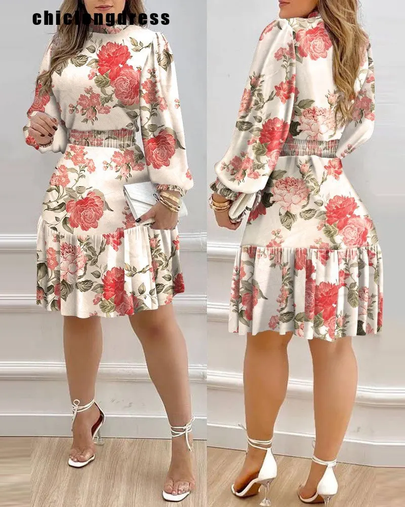 

Autumn Floral Dress Women Fashion Elegant Long-sleeved Floral Print Ruffled Mini Dress Women