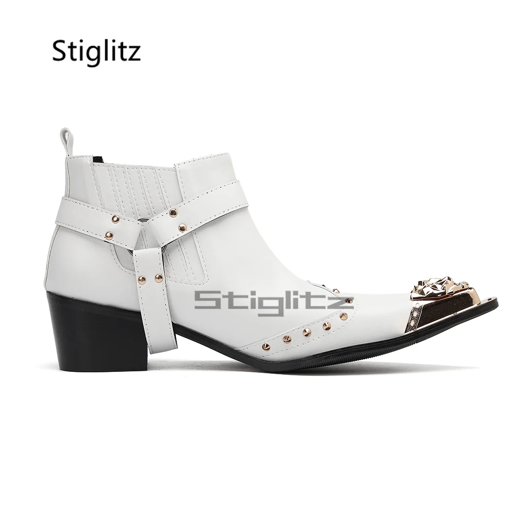 Men's White High Heels Chelsea Boots Metal Pointed Toe Rivet Genuine Leather Ankle Boots Autumn Winter Business Party Shoes