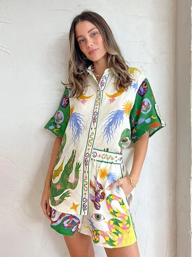 Summer 2024Print Women Shirt Shorts Sets  Beach Holiday Casual Loose Lady Suits Short Sleeve Shirts Elastic Waist Shorts Set