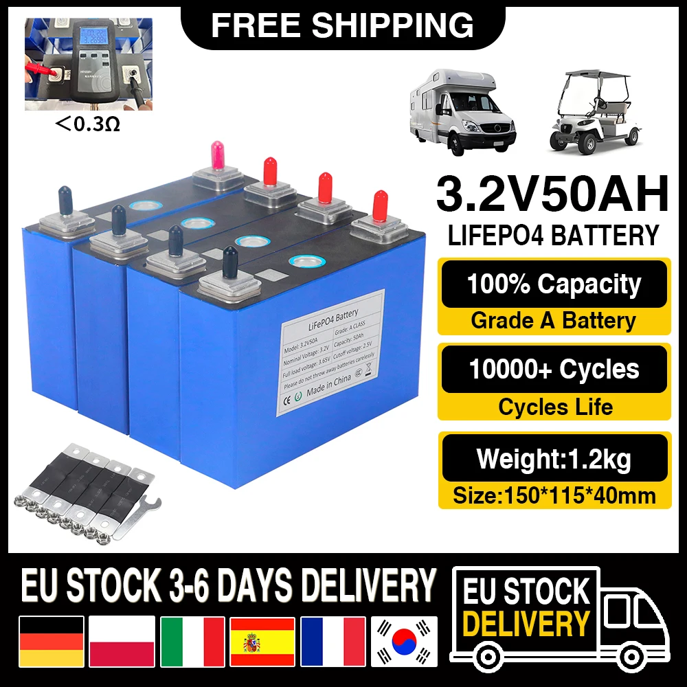 4-16PCS 3.2V 50AH Lifepo4 Battery DIY 12V 24V 48V Grade A Lithium Iron Phosphate Rechargeable Cell For Golf Cart Boat Duty Free
