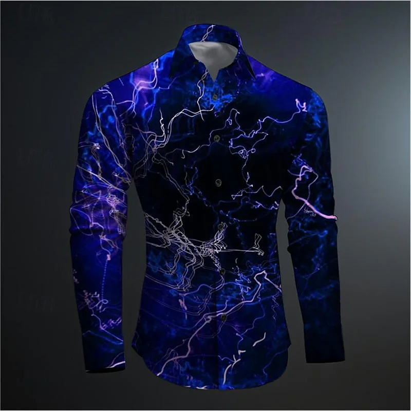 2024 Men\'s Shirt Glitzy Thunder Casual 3D printed shirt Party Street holiday upside-down long sleeve shirt