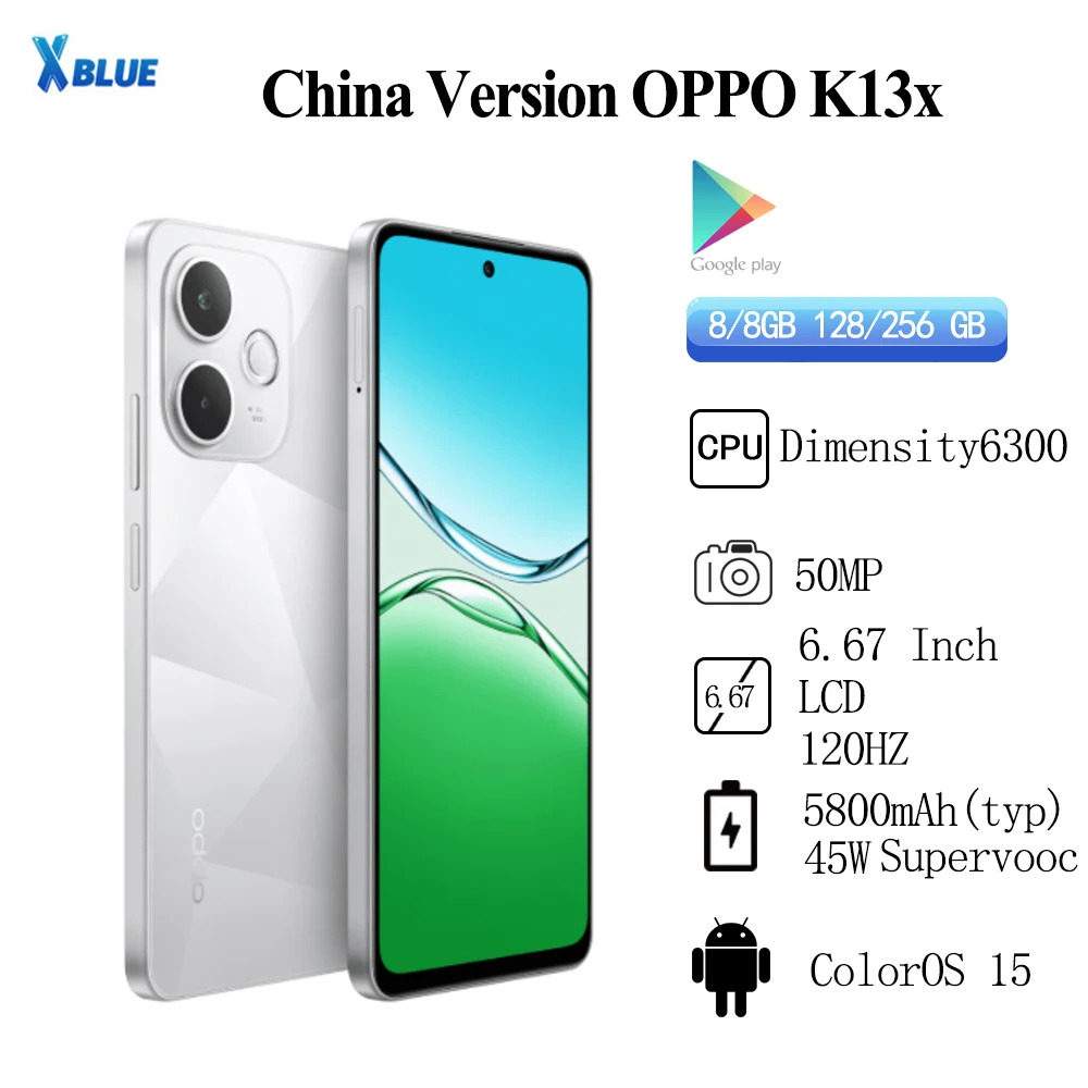 بطارية OPPO K13x Dimensity6300 بقدرة 5800 مللي أمبير في الساعة 45 وات شاشة SUPERVOOC مقاس 6.67 بوصة LCD 120 هرتز معدل تحديث 50 ميجابكسل OTA