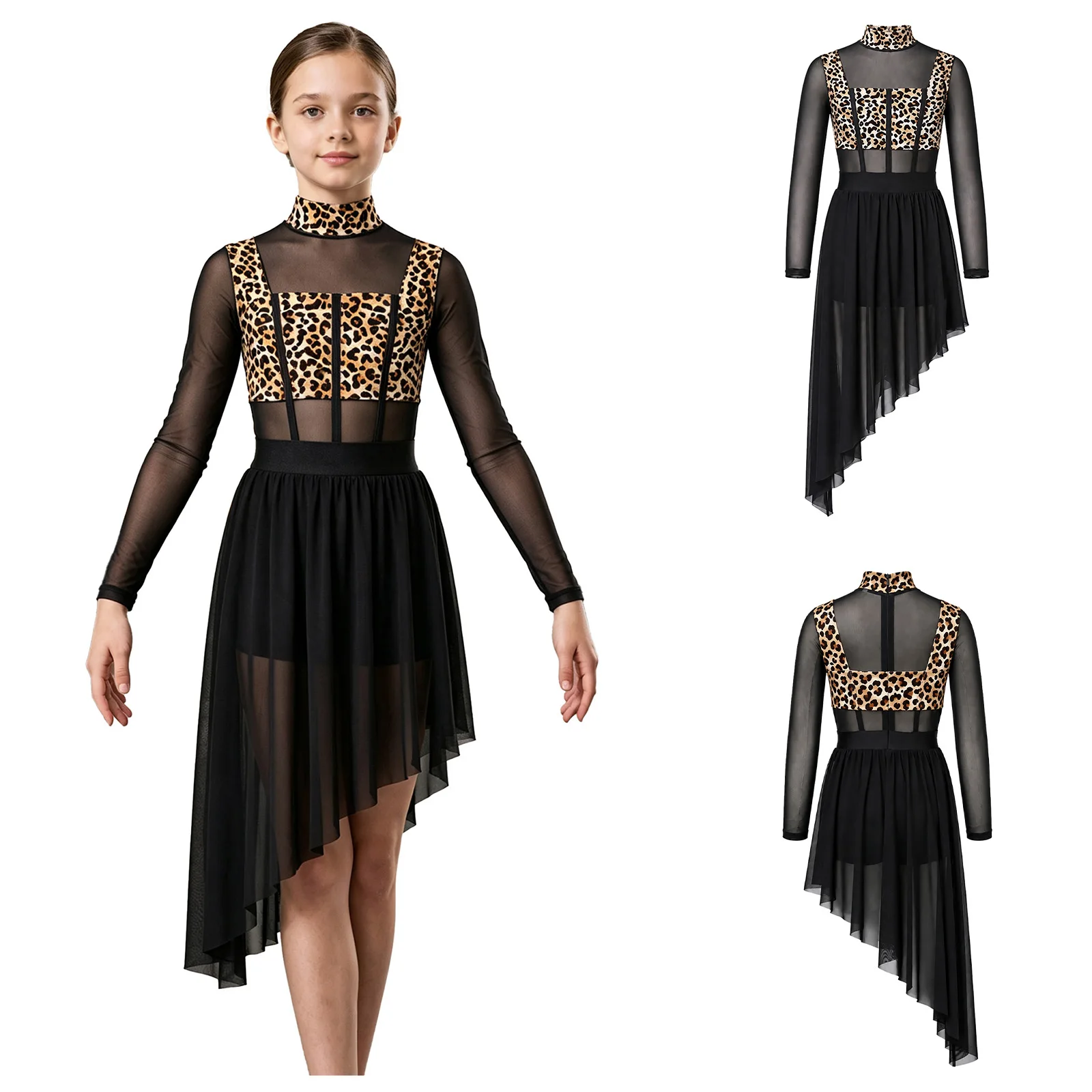 Girls Modern Lyrical Dance Skating Gymnastics Acrobatics Leotard Dress Long Sleeve Bodice Sheer Mesh Dresses for Dancing Class