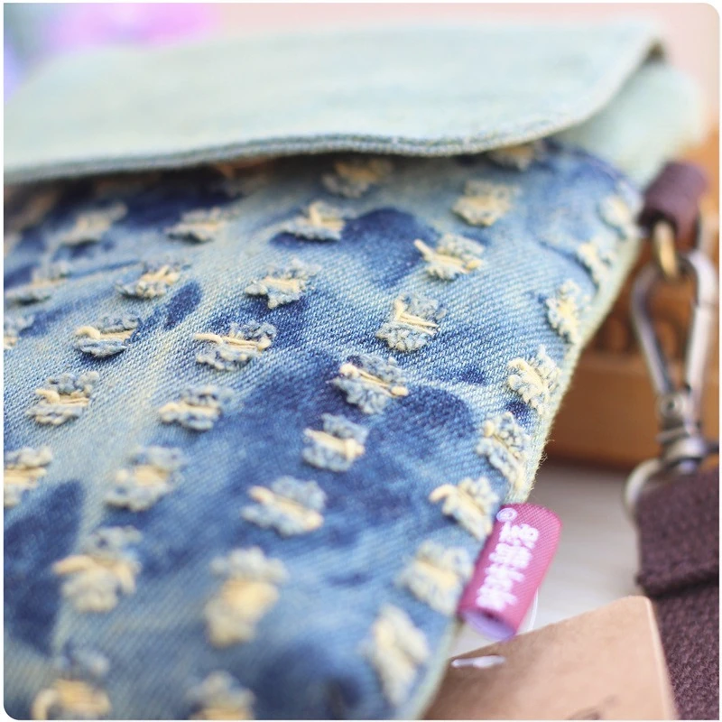 Fashionable Casual Denim Perforated Single Shoulder Diagonal Cross Phone Bag, Change Small Item Storage Bag