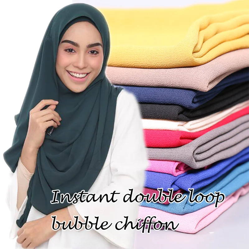 Instant Double Loop Bubble Chiffon Scarf Solid Muslim Hijab Shawls Lady Wraps Fashion Islam Bandana Easy Ready To Wear Hijab