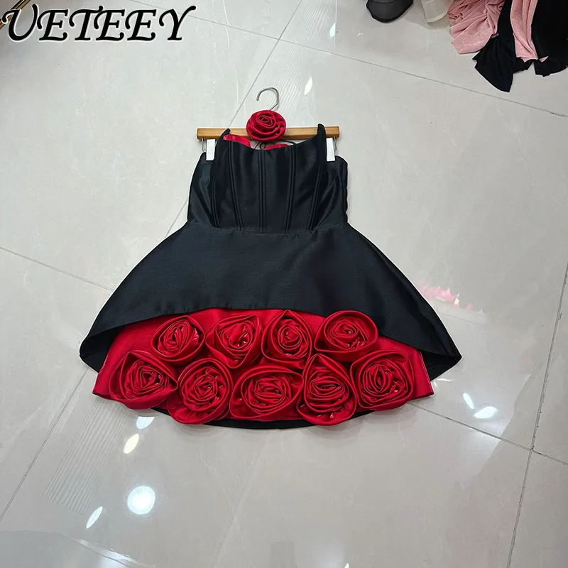 Europäische Luxus-Abendkleider Vietnam Dreidimensionales Blumen-Fischgräten-trägerloses Kleid Frauen Süßes Farbblock-Trägerkleid