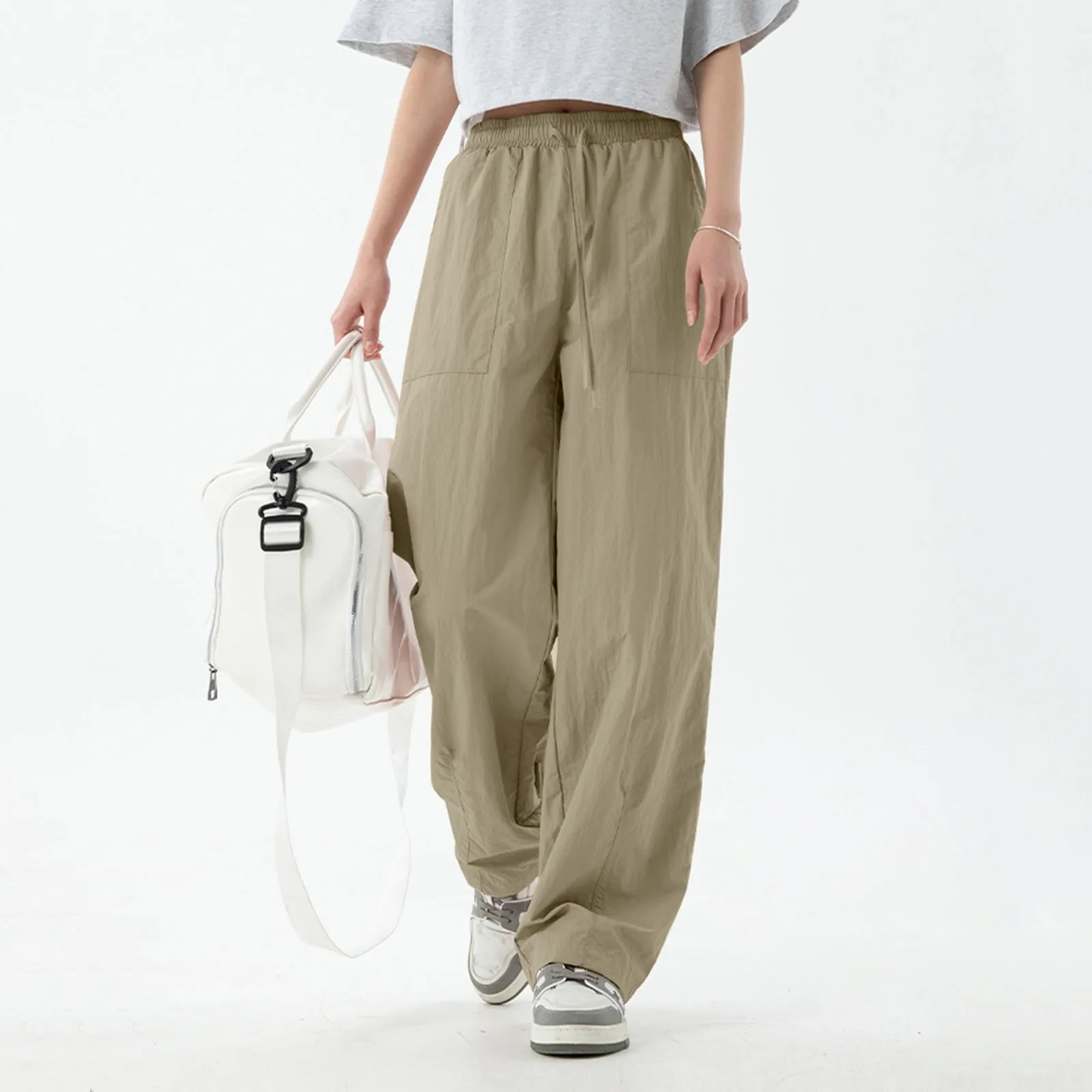 

Women's Solid Elastic Waist Trouser Cargo Pant High Waist Wide Leg Regular Fit Palazzo Pants Loose Sweatpants Streetwear