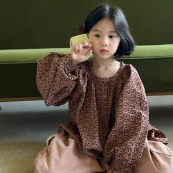 Blouses Shirt Autumn Baby Korean Versatile Shirt Children Causal Easy Puff Sleeve Tops Simple 2024 Round Collar Loose