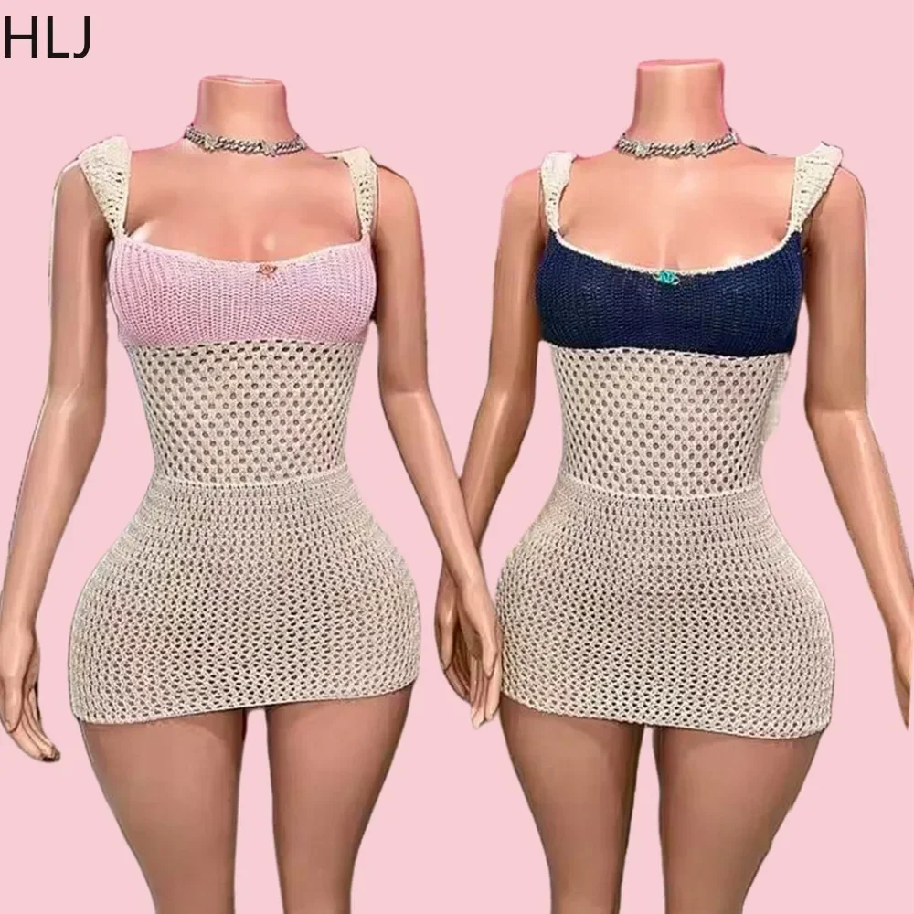 

HLJ&GG Sexy Knitting Hollow Bodycon Mini Spaghetti Strap Dresses Women Thin Backless Bandage Slim Vestidos Fashion Streetwear