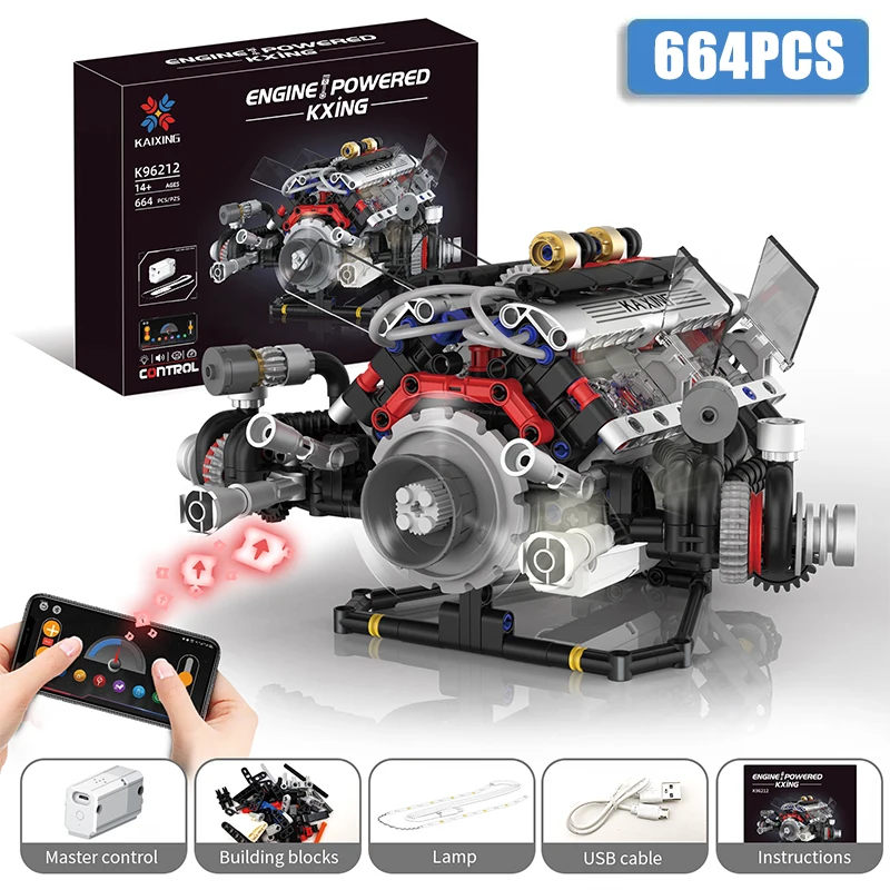 

664Pcs Technical Car Part Building Block The Motorzed V8 Engine Model Set With LED Light Assembly Brick Toys Kids Christmas Gift