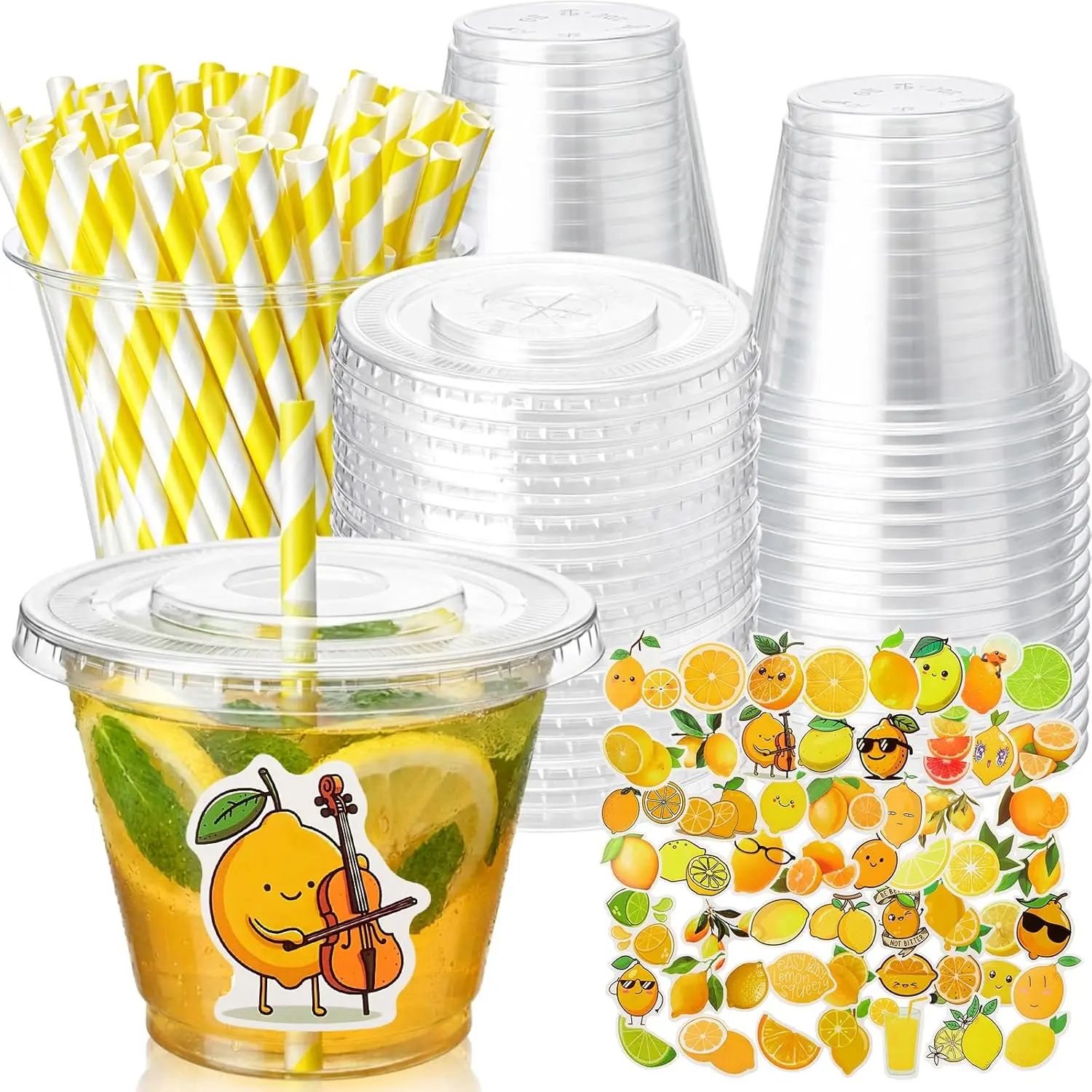 

100 Pcs 9 oz Lemon Clear Plastic Cups with Flat Lids Straws & Lemon Stickers Lemonade Stand Supplies To-go Drinks Lemona