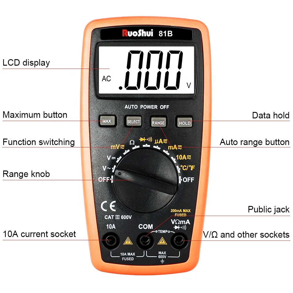 RuoShui 81B Digital Multimeter DC AC 600V DC AC 10A Resistance Temperature test multifunction multimeter 2000 counts