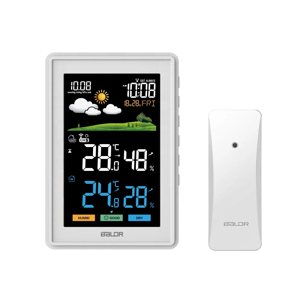 BALDR color wireless weather station with temperature and humidity barometric pressure arrow icon comfort lever indication