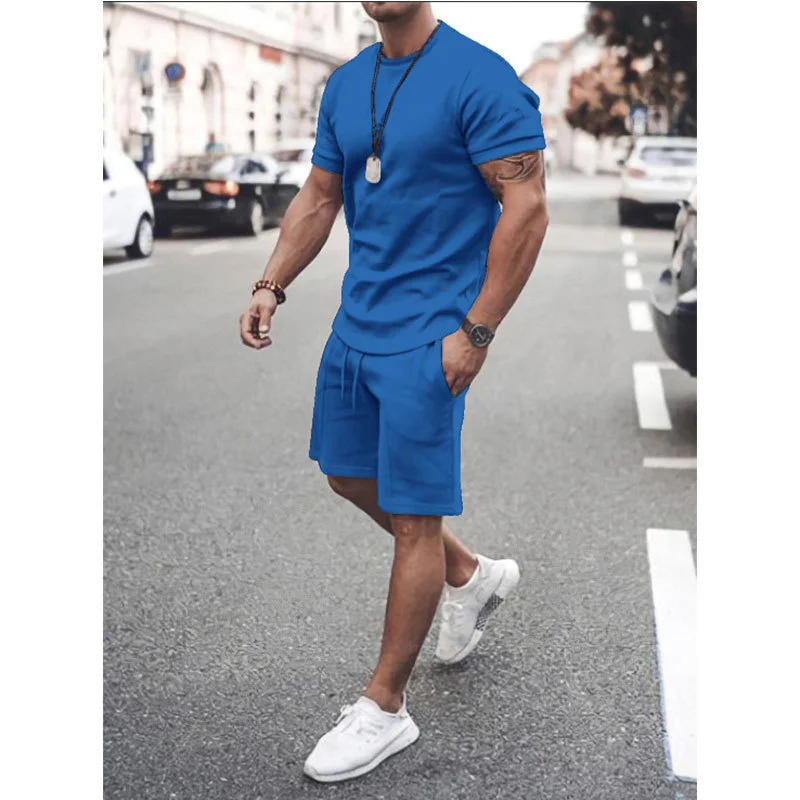 Men's Suit Summer New Loose Waist Lace-up Shorts Simple Style Solid Color O Neck Pullover Tops Male Casual Sports Two-piece Sets