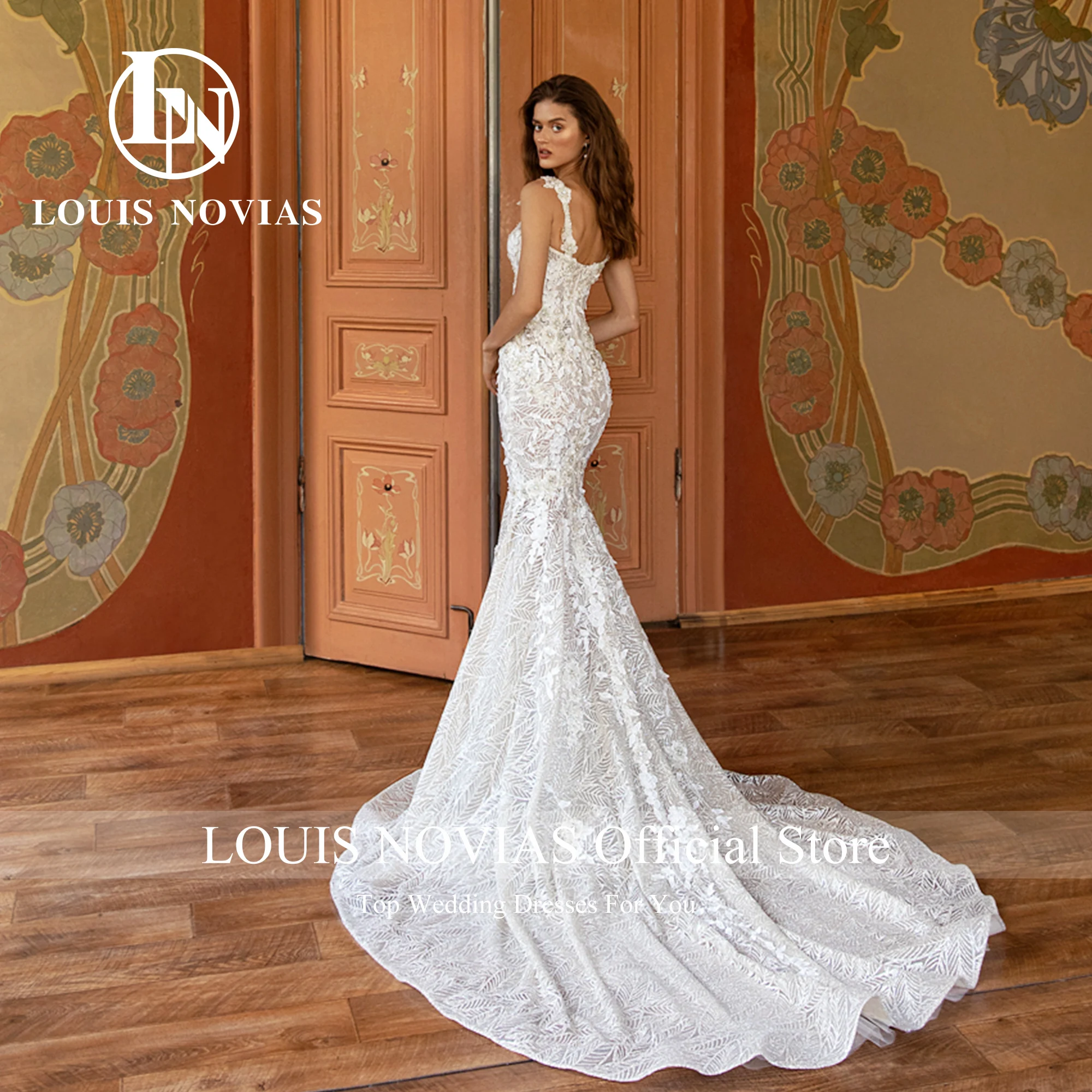 Vestido de novia de sirena LOUIS NOVIAS para mujer, tirantes finos, flores modernas en 3D, apliques de cuentas, vestido de novia de cola capilla