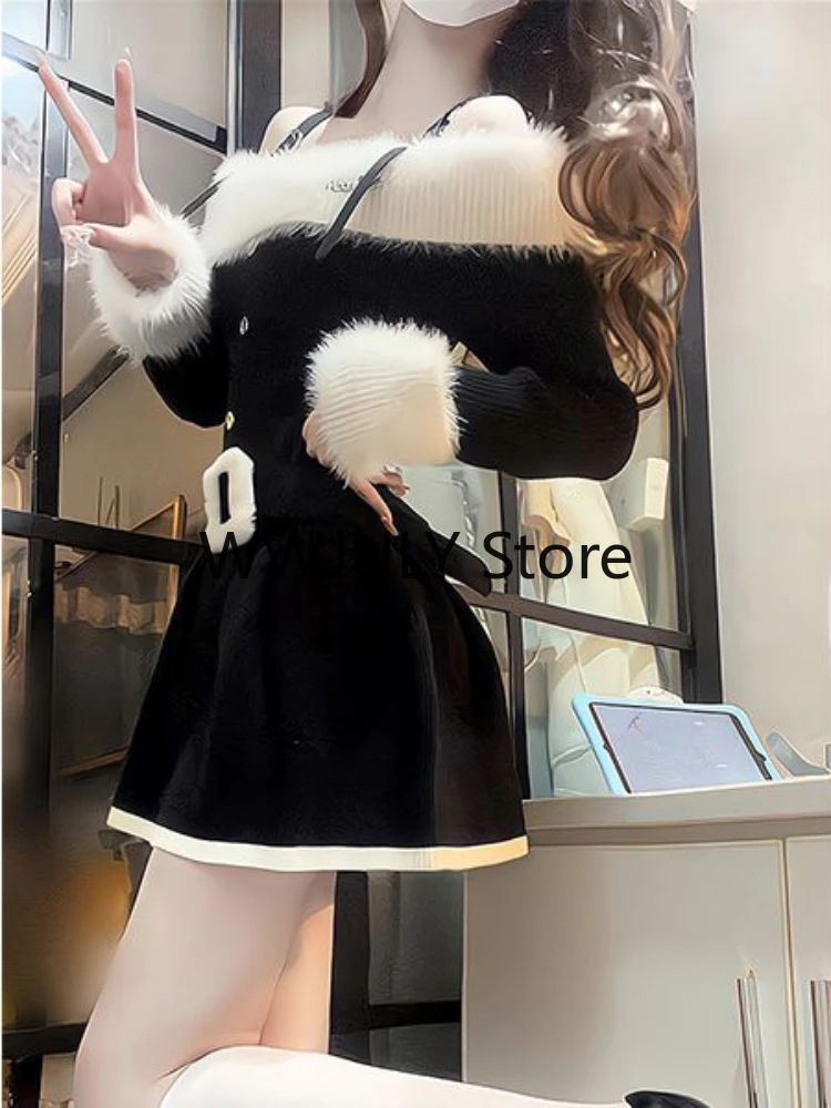 2023 Autumn Long Sleeve Elegant Y2k Mini Dress Woman Short Party Black Knitted Dress Slim Sexy One Piece Dress Korean Fashion