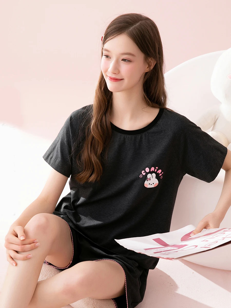 fenteng-women's-summer-sleepwear-pure-cotton-loose-short-sleeve-round-neck-cute-rabbit-print-home-clothes-outfit-short-pants