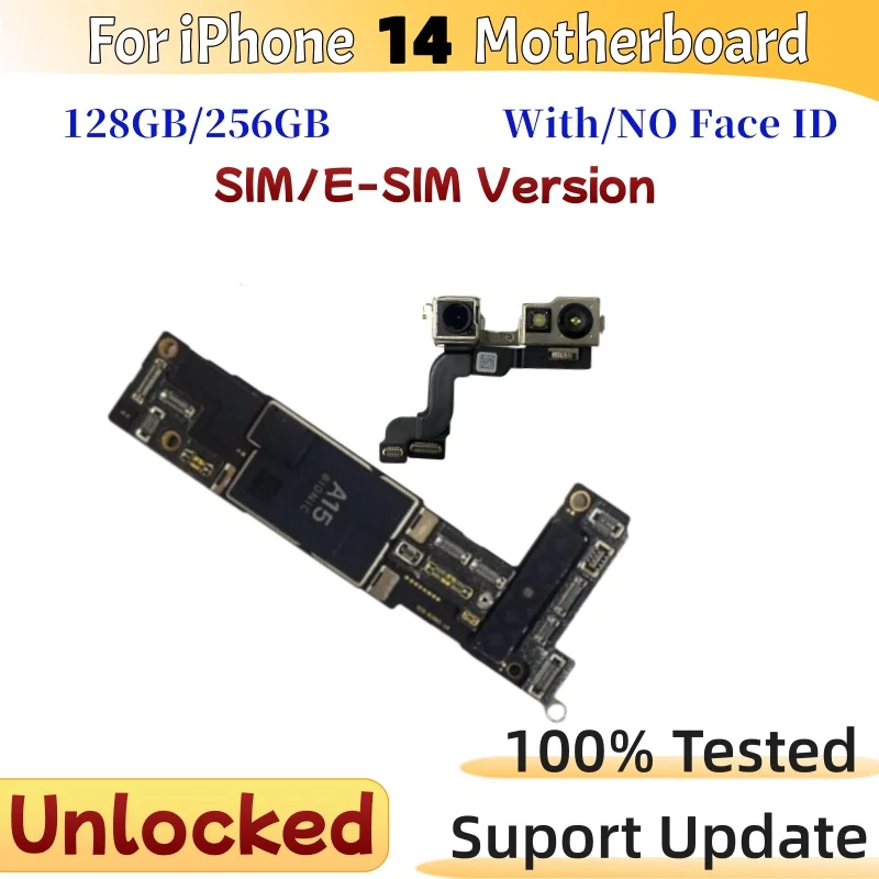 Placa Base para iPhone 14 con Versión E-SIM/SIM, Desbloqueada, iCloud Limpio, con/sin Face ID, Compatible con Actualizaciones