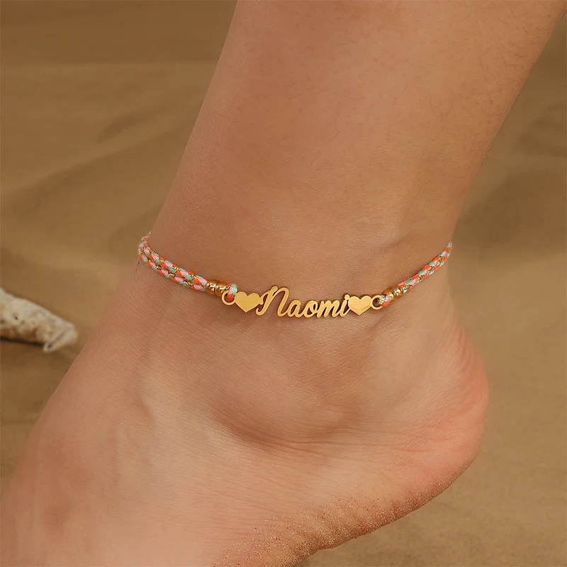 Auxauxme Personalized Custom Names Anklets for Women Stainless Steel Handmade Rope Braided Trendy Butterfly Heart Anklet Jewelry