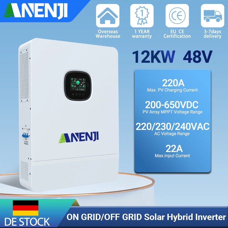 12kw Solar Hybrid Inverter On-grid/Off-grid 230/400V Three-phase Built-in MPPT For 800V PV Pure Sine Wave BMS Dual Activation