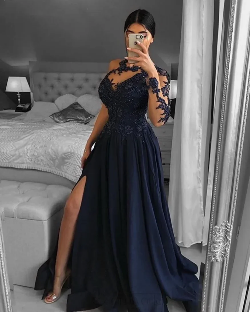 

One Shoulder Navy Blue Dubai Evening Dresses Long Sleeve A-Line Split Satin Lace Beaded Formal Prom Dress Robe De Soiree Hot