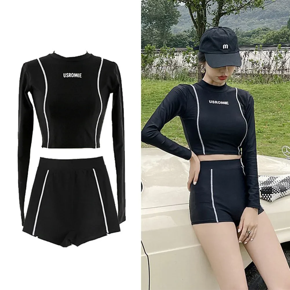 Two-Piece Women\'s Swimming Suit Ladies Patchwork Long Sleeve Swimwear Sports Pool Beachwear Two Piece Swimsuit With Shorts