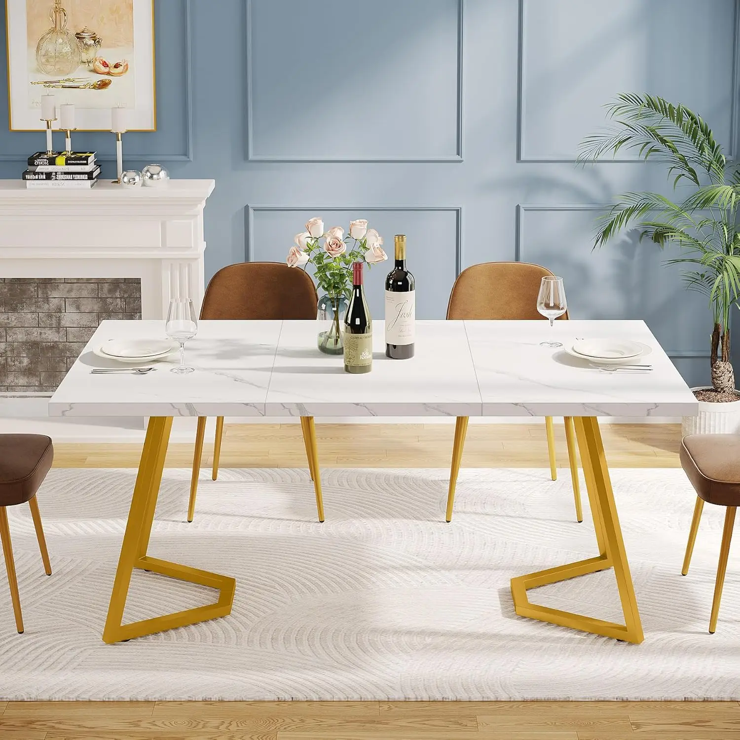 Gold Dining Dinner Table: 55 Inches Modern White Dining Room Table with Golden Legs, Faux Marble Small Kitchen Table for 6,