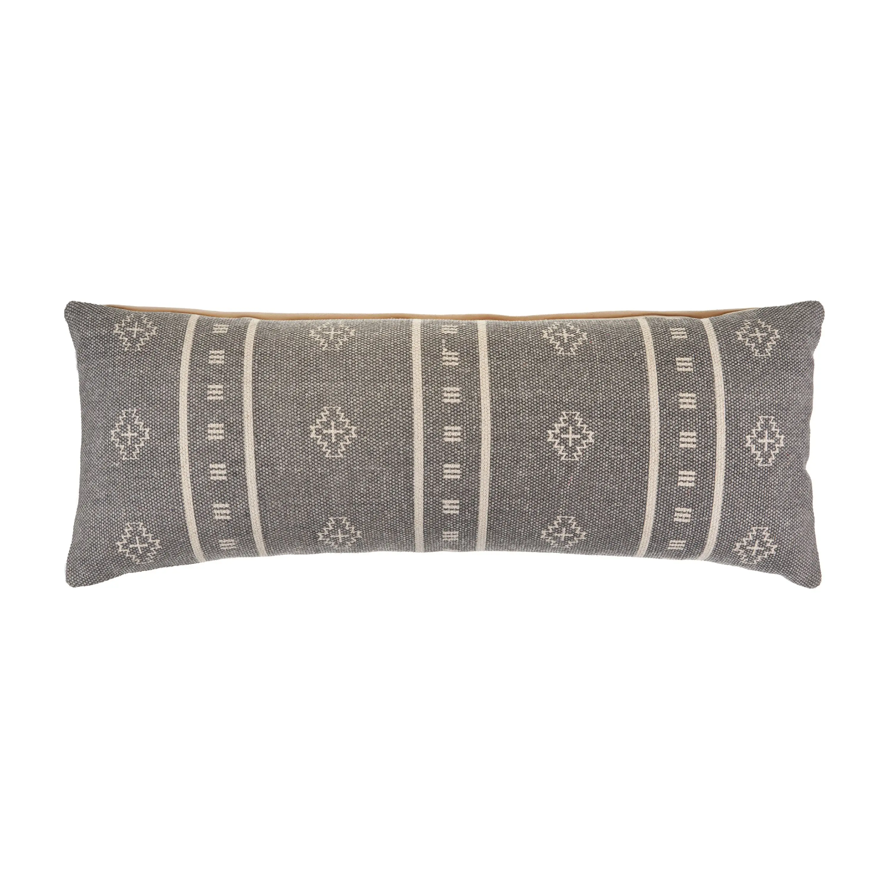 

14 inch by 36 inch gray boho striped cotton lumbar pillow for adults