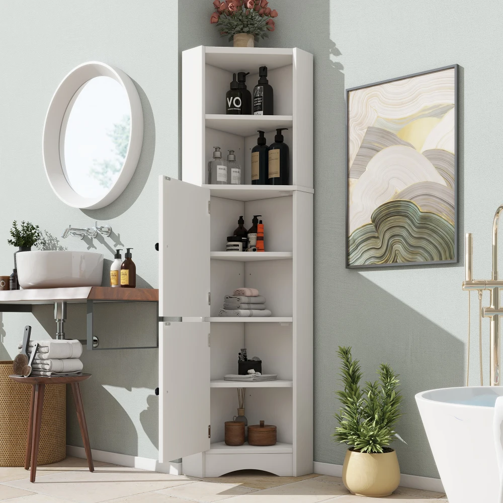 Meuble de salle de bain d'angle triangulaire blanc, surface entièrement laquée, avec 2 compartiments de rangement ouverts, 2 portes de placard, séparateurs intérieurs réglables, structure simple et minimaliste, gain de place, meuble de rangement autoportant pour salle de bain, organisateur de rangement domestique