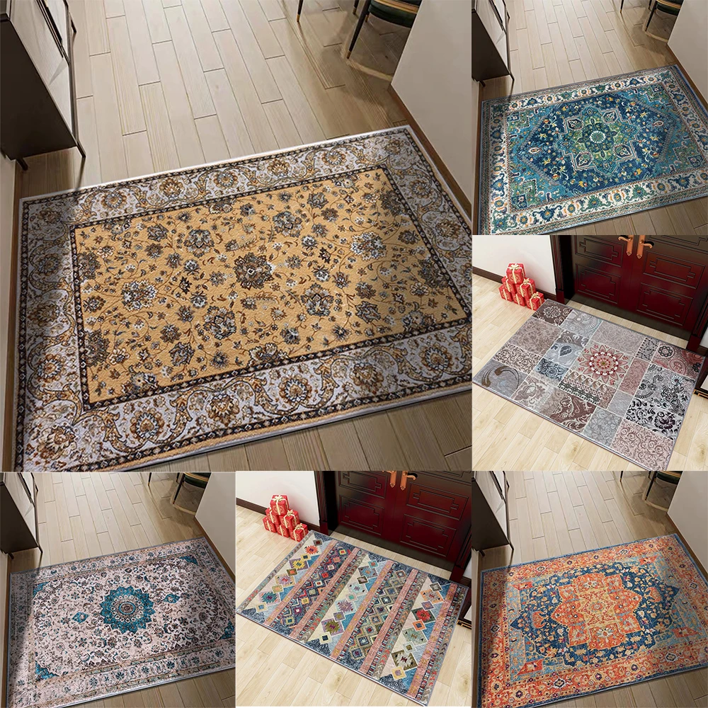Vintage-Fußmatte im ethnischen Stil mit persischen floralen geometrischen Mustern, rutschfester Retro-Eingangsteppich für Familien, Heimdekoration