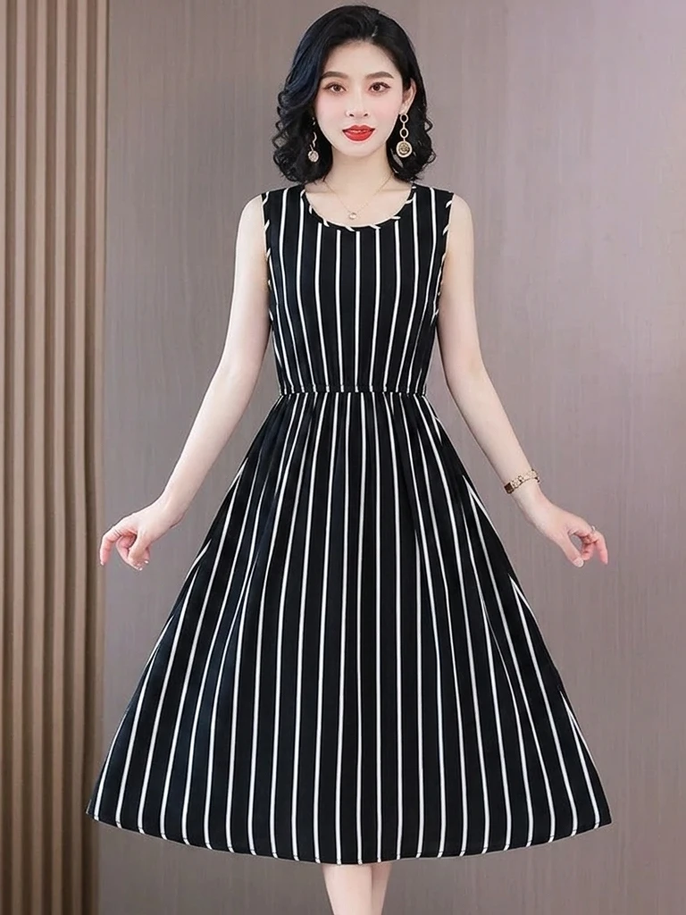 

Retro Korean Striped Sleeveless Vest Dress Women Middle-Aged Mothers Waist-Cinching Slimming Long Dress Elegant Style Casual ...