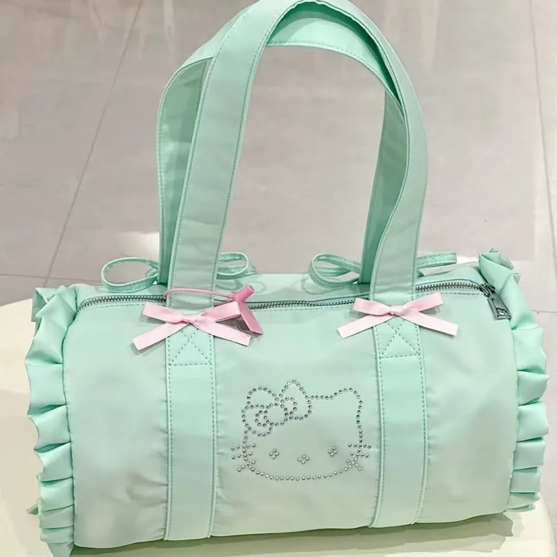 

Miniso Hot Diamond Hellokitty Y2k Shoulder Bags Bow Lace-up Green Casual Handbags Cartoon Printed KT High Capacity Bag For Women