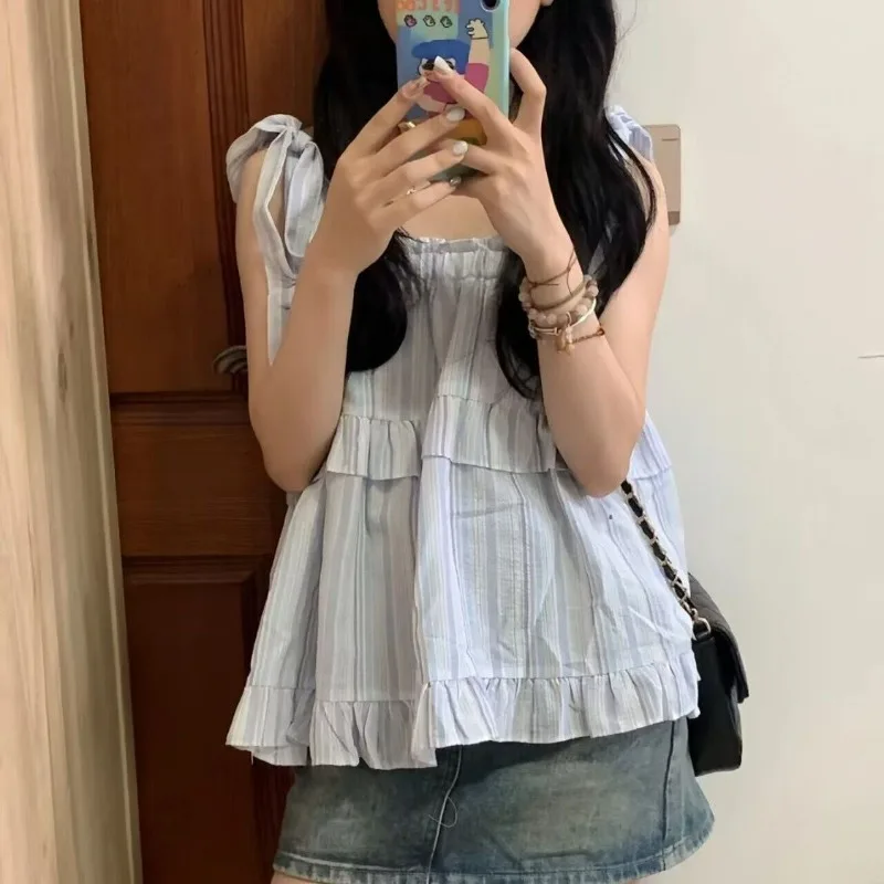 Striped Shirts and Blouses Korea Ruffles Fashion Woman Blouse 2024 Sleeveless Ladies Top Female Tie O-neck Casual Clothes 2024