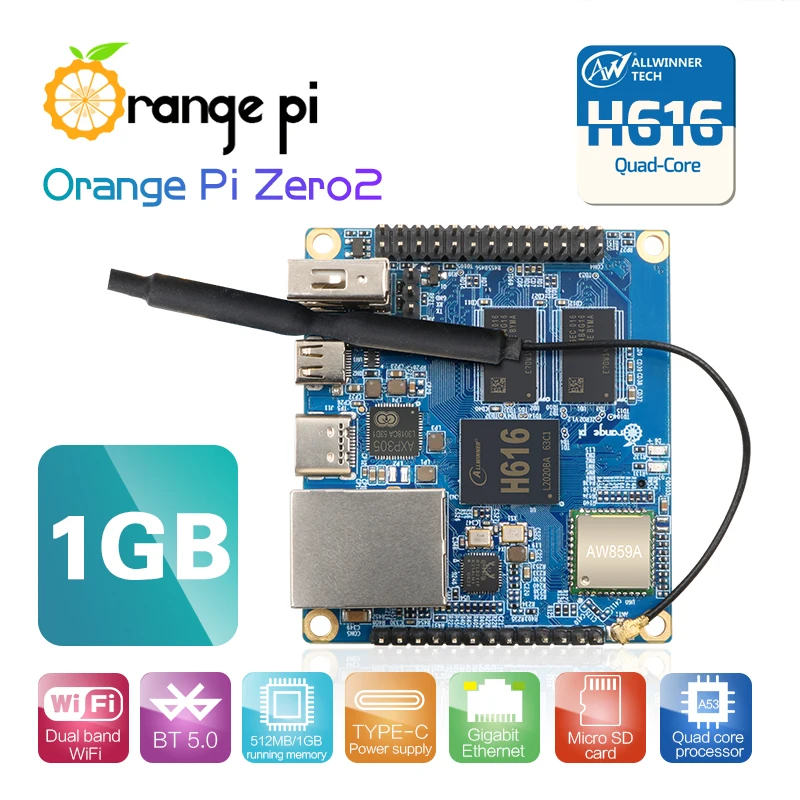 Laranja pi zero 2 1gb ram com chip allwinner h616, suporte bt, wifi, executar android 10, ubuntu, debian os única placa