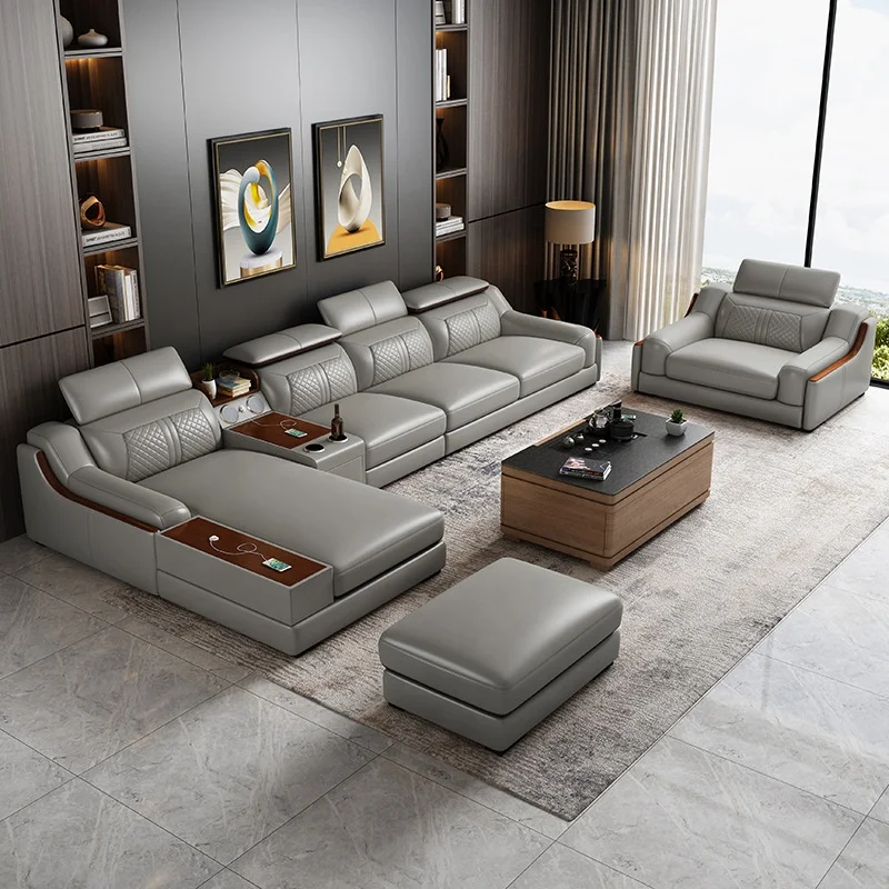 

For Modern Luxury Multifunctional USB Charge Modular Leather Sofa Living Room Lounge Couch Set Furniture Sectional L Shape Sofa
