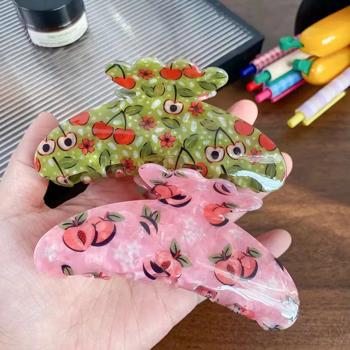 1pc semi-round acrylic fruit floral print large hair clip, shark clip on the back of the head for early spring accessories