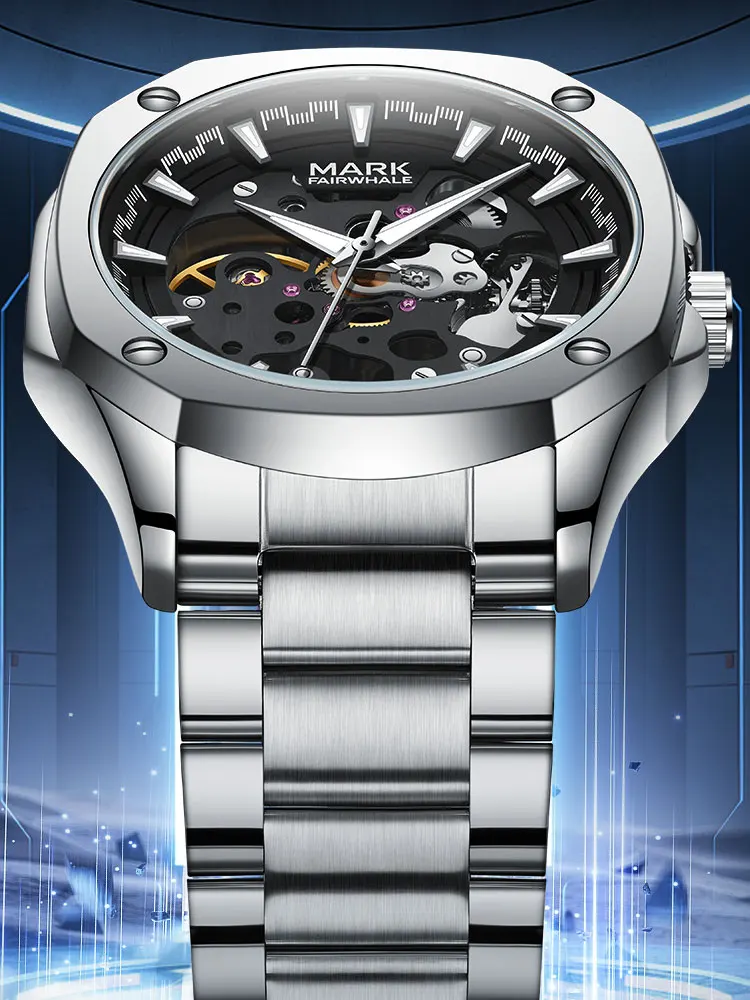 

Mark Fairwhale Мужские автоматические часы 41 мм Квадратные механические наручные часы 30 м Водонепроницаемые светящиеся полые циферблаты