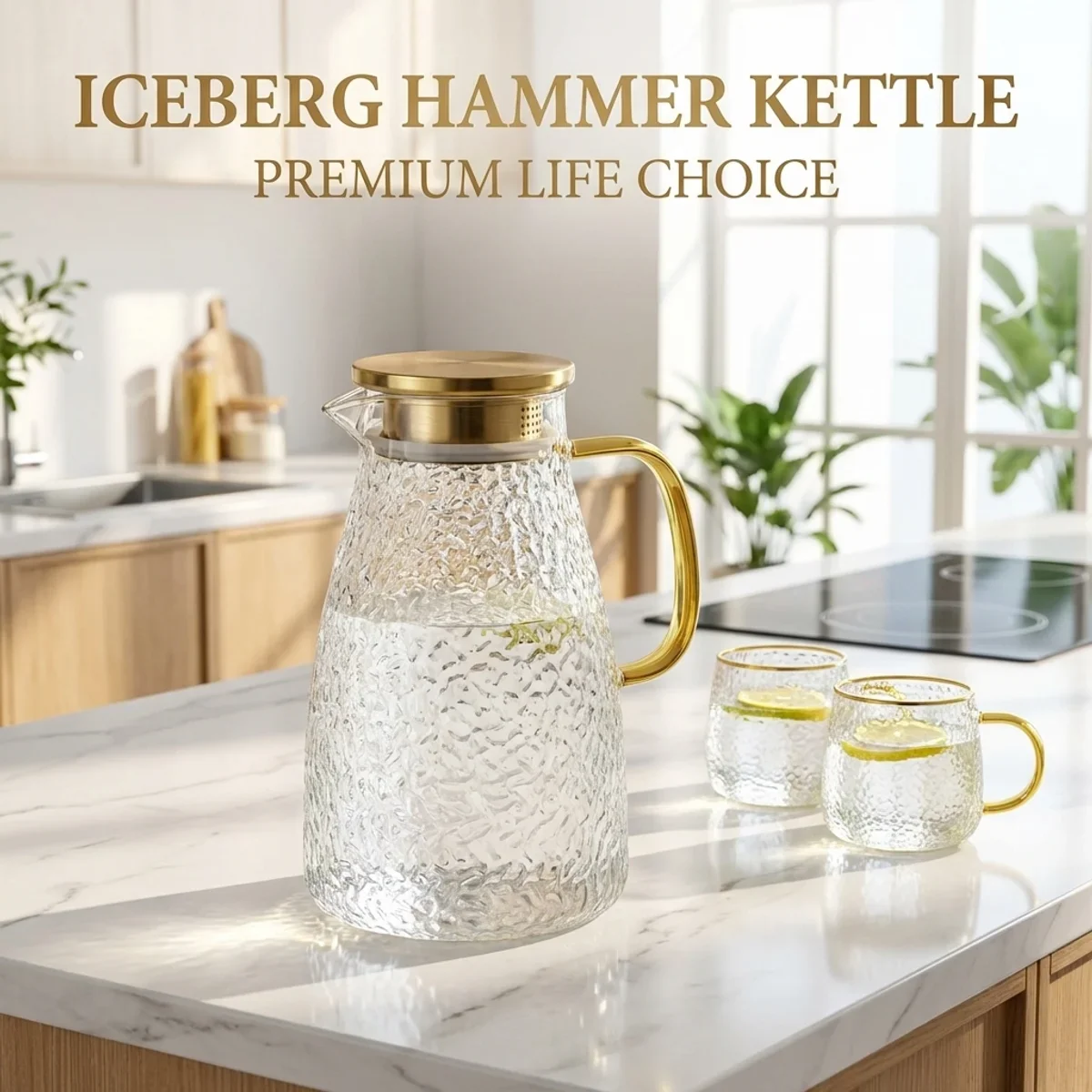 Iceberg Hammer Glass Kettle,Borosilicate Teapot Heat&Cold Resistant,Dual Filter Lid Stainless Steel,Explosionproof Handle
