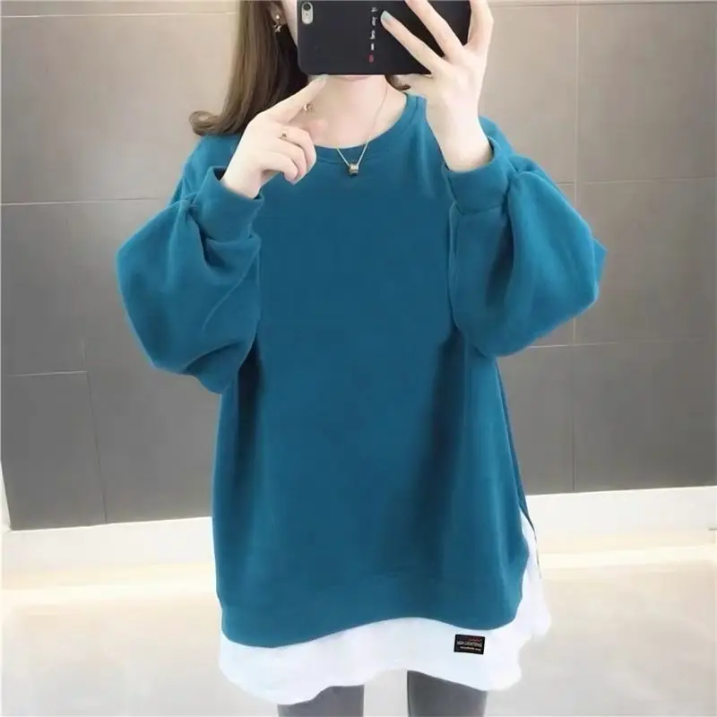 Women's Spring Autumn Solid Round Neck Pullover Patchwork Lantern Long Sleeve T-shirt Sports Hoodie Loose Casual Midi Tops