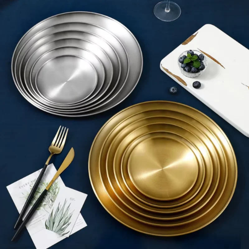 Thickened Stainless Steel Golden Round Fruit Plate Cake Plate Bone Tray BBQ Plate Flat Bottom Shallow Tray