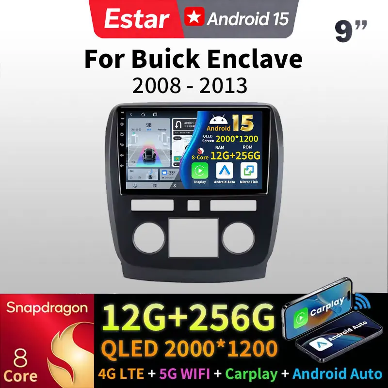 For Buick Enclave 2008 - 2013 Android 15 Car Radio 360 Camera Multimedia Head Unit QLED Carplay Player GPS Navigation Stereo DSP