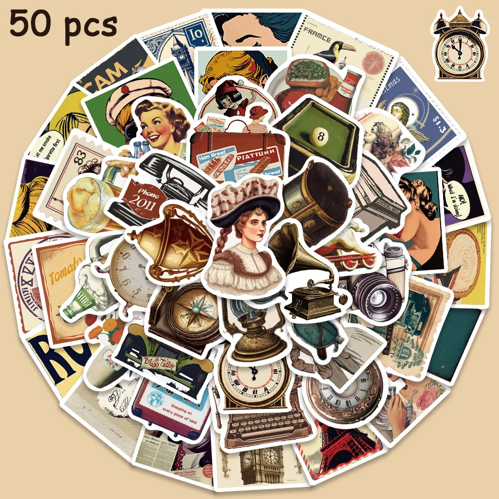 

50pcs Vintage European American Painting Art Stickers Waterproof Vinyl Laptop Guitar Scrapbook Fridge Cars Room Wall Sticker