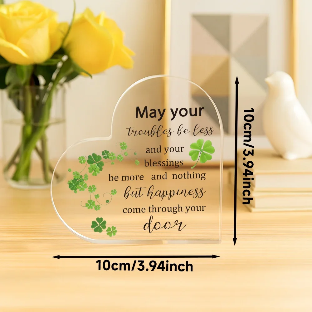 Irish Blessing Acrylic Heart Sign - Green Clover Inspirational Home Decor for Office Desk