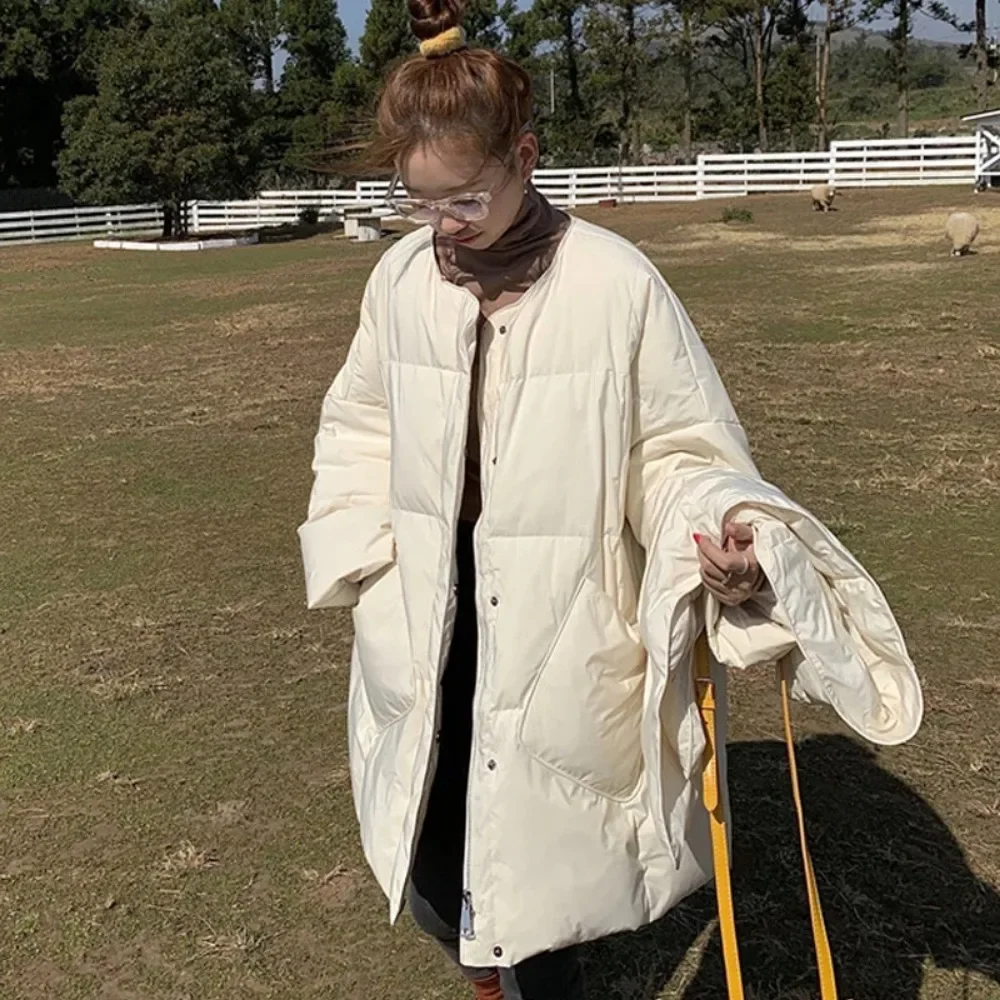 Manteau en duvet de canard blanc pour femme, nouvelle mode d'hiver 2021, écharpe surdimensionnée, col rond, Parkas amples et épais, vêtements d'extérieur chauds