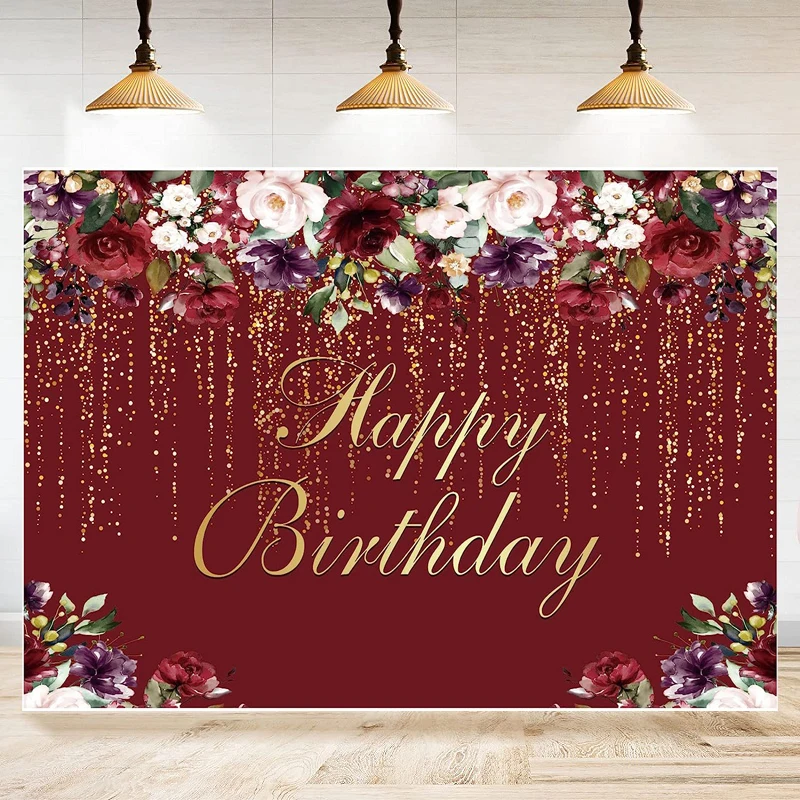 

Happy Birthday Party Photography Backdrop Burgundy Red Flowers Golden Glitter Floral Background Women Lady Girl Cake Table Decor