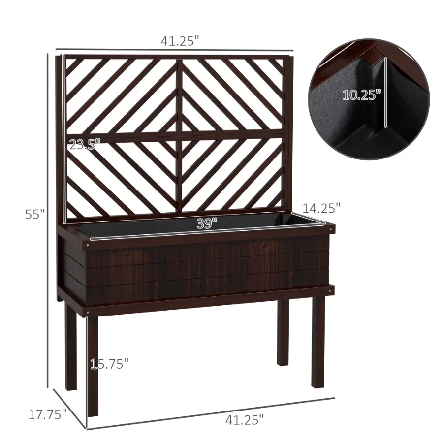 Elevated Wood Planter with Trellis for Climbing Plants, Raised Garden Bed with Legs and Drainage Holes, Carbonized