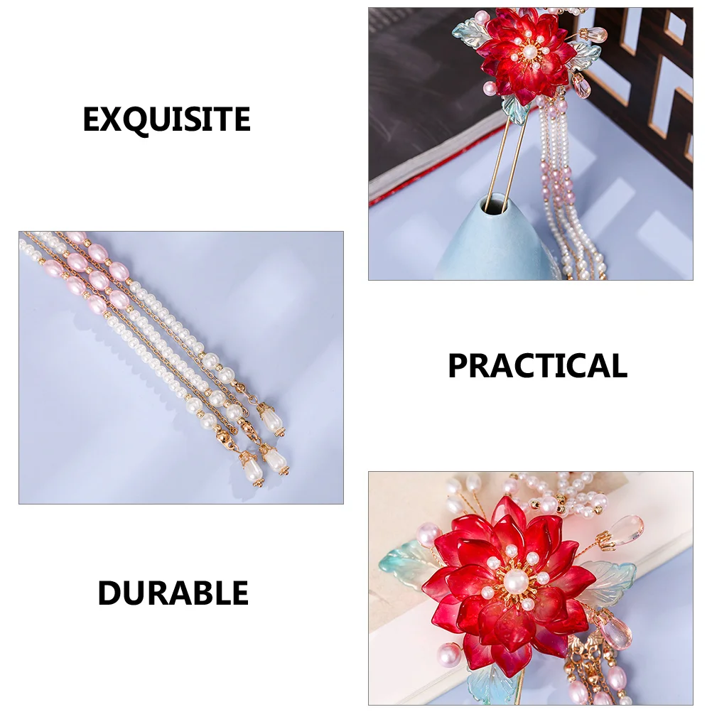 

Red Hairpin Metal Long Wedding Bridal Fork Flower Tassel Bun Accessories Girls Retro HairDecoration Smooth Premium Easy